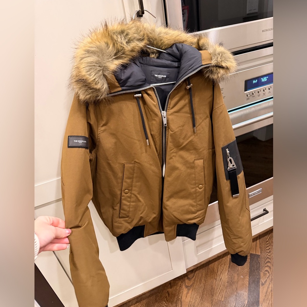 NWT The Kooples Brown Bomber puffer Jacket with Fur Hood - Real GOOSE DOWN